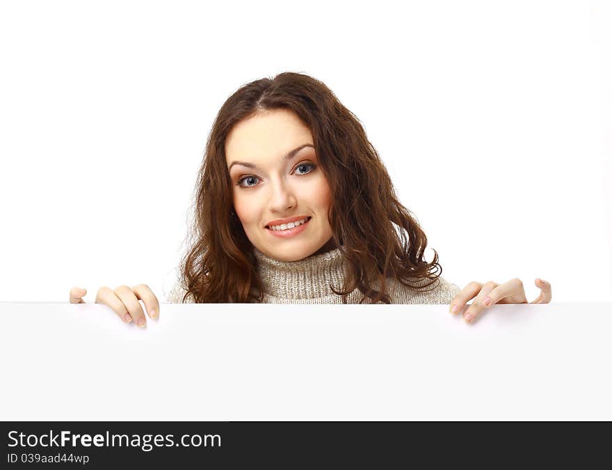 Closeup portrait of a young business woman with billboard isolated on white background