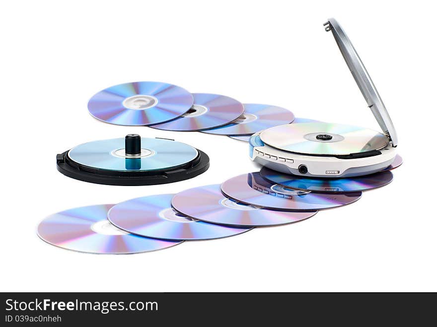 CD-Player with compact discs. White background. Studio shot. CD-Player with compact discs. White background. Studio shot.