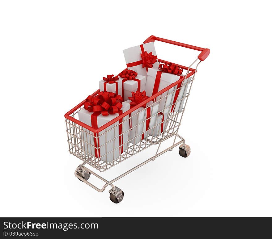 Shopping trolley with presents. Isolated on white background.