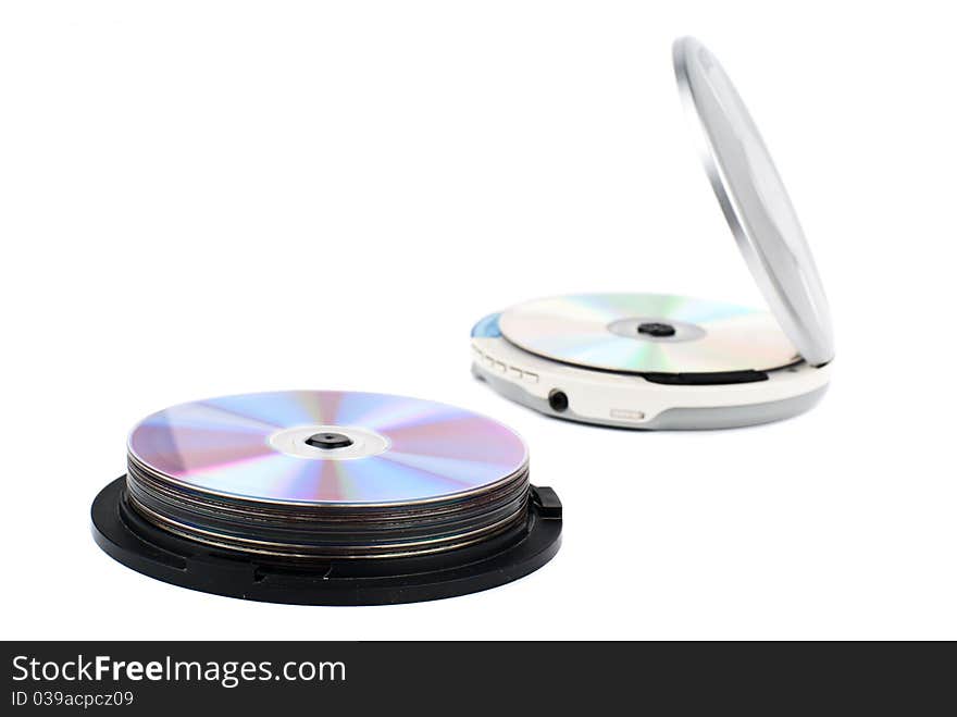 CD-Player with comcact disks. White background. Studio shot. CD-Player with comcact disks. White background. Studio shot.