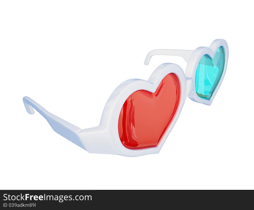 3D glasses shape of hearts isolated on white background.