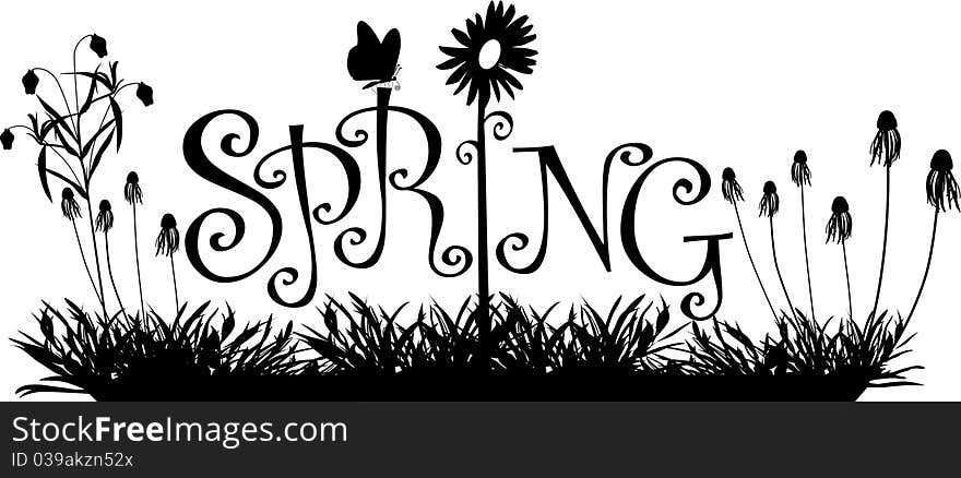 Silhouette graphic illustration depicting the word: SPRING, wildflowers and a butterfly (concept: Spring season). Silhouette graphic illustration depicting the word: SPRING, wildflowers and a butterfly (concept: Spring season)