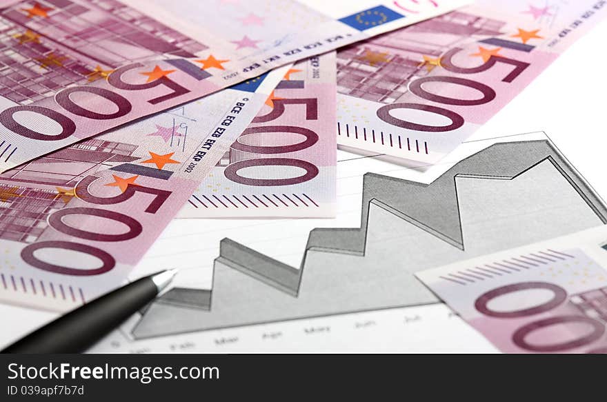 Close-up of euro banknotes, graphs and pen. Close-up of euro banknotes, graphs and pen