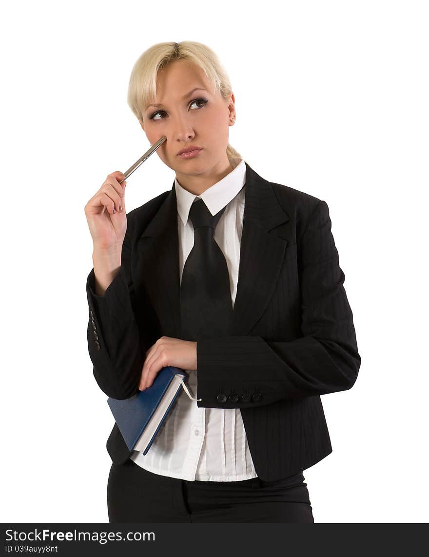 Thoughtful young woman with organizer and a pen against white background. Thoughtful young woman with organizer and a pen against white background.