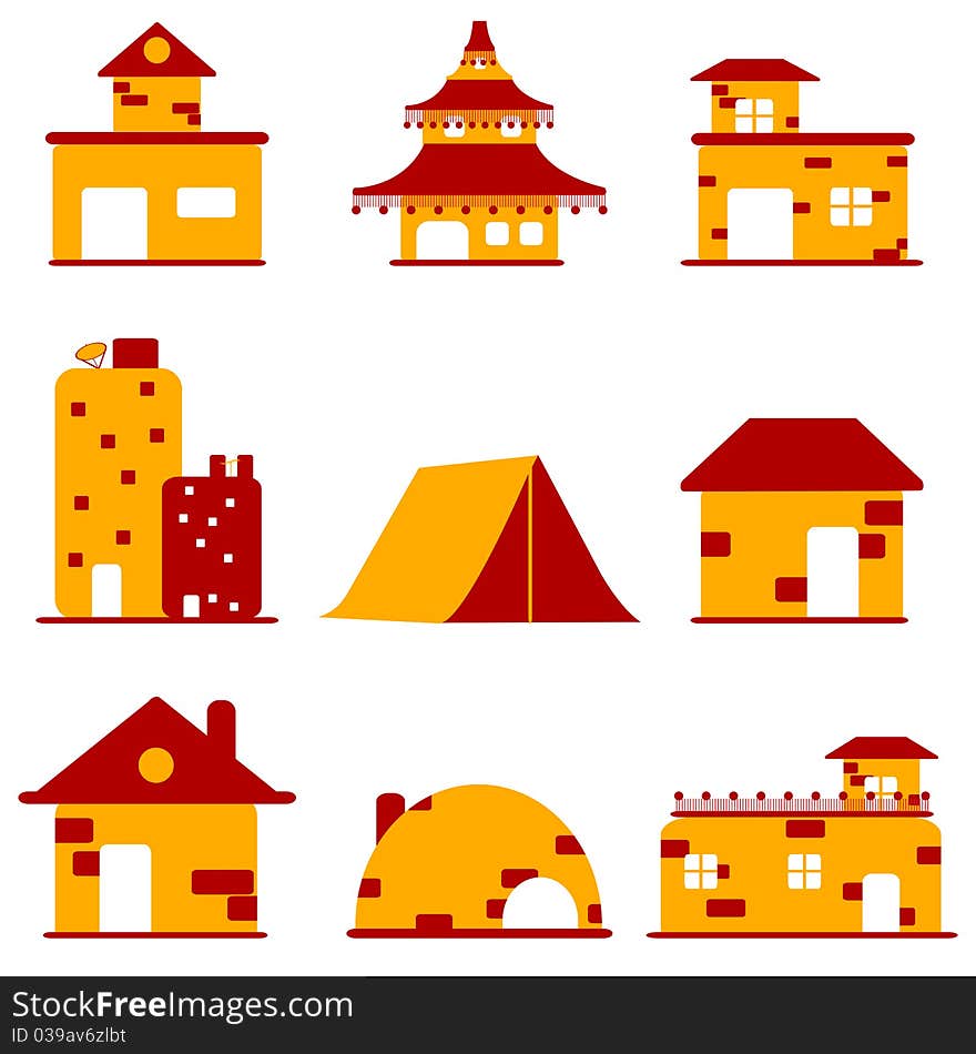 Illustration of set of different buildings on isolated background. Illustration of set of different buildings on isolated background