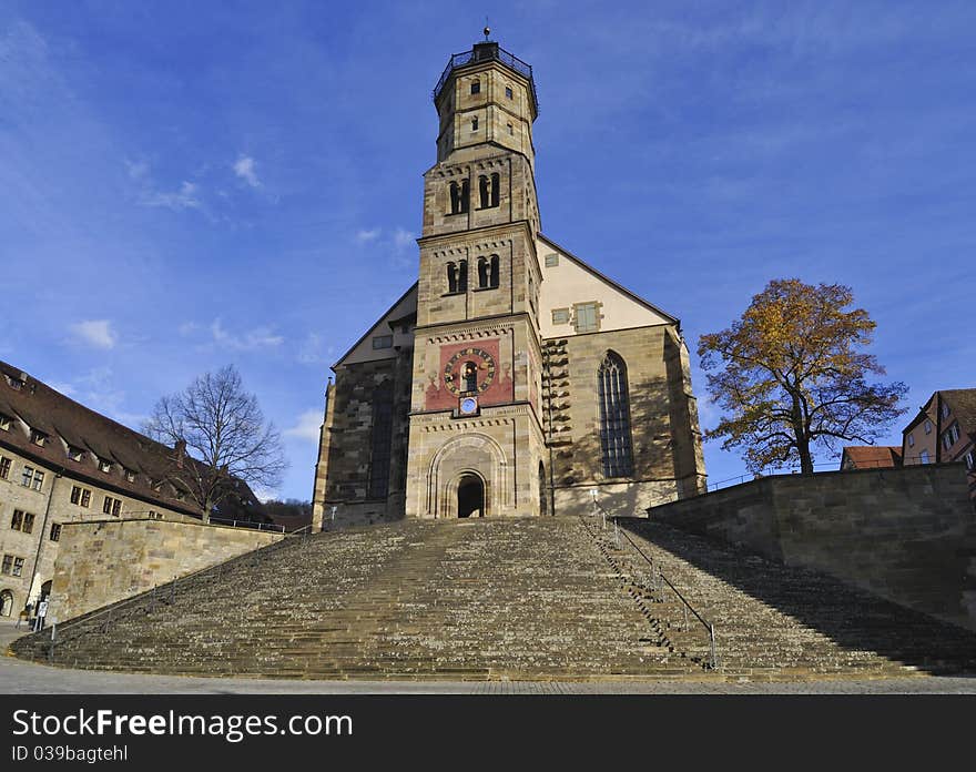 Prominently sitting at the top of a hill, St Martin's church at Schwaebisch Hall in the Kocher valley in Germany is a fine example of medieval church architecture. Prominently sitting at the top of a hill, St Martin's church at Schwaebisch Hall in the Kocher valley in Germany is a fine example of medieval church architecture.