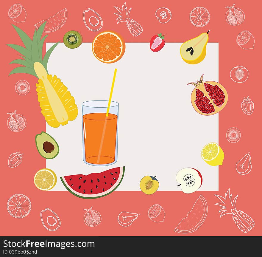 A collage of fruit, berries and a glass. A collage of fruit, berries and a glass