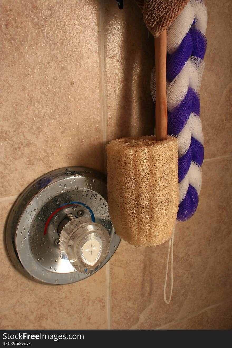 Shower control wet after shower, and two loofas. Shower control wet after shower, and two loofas.