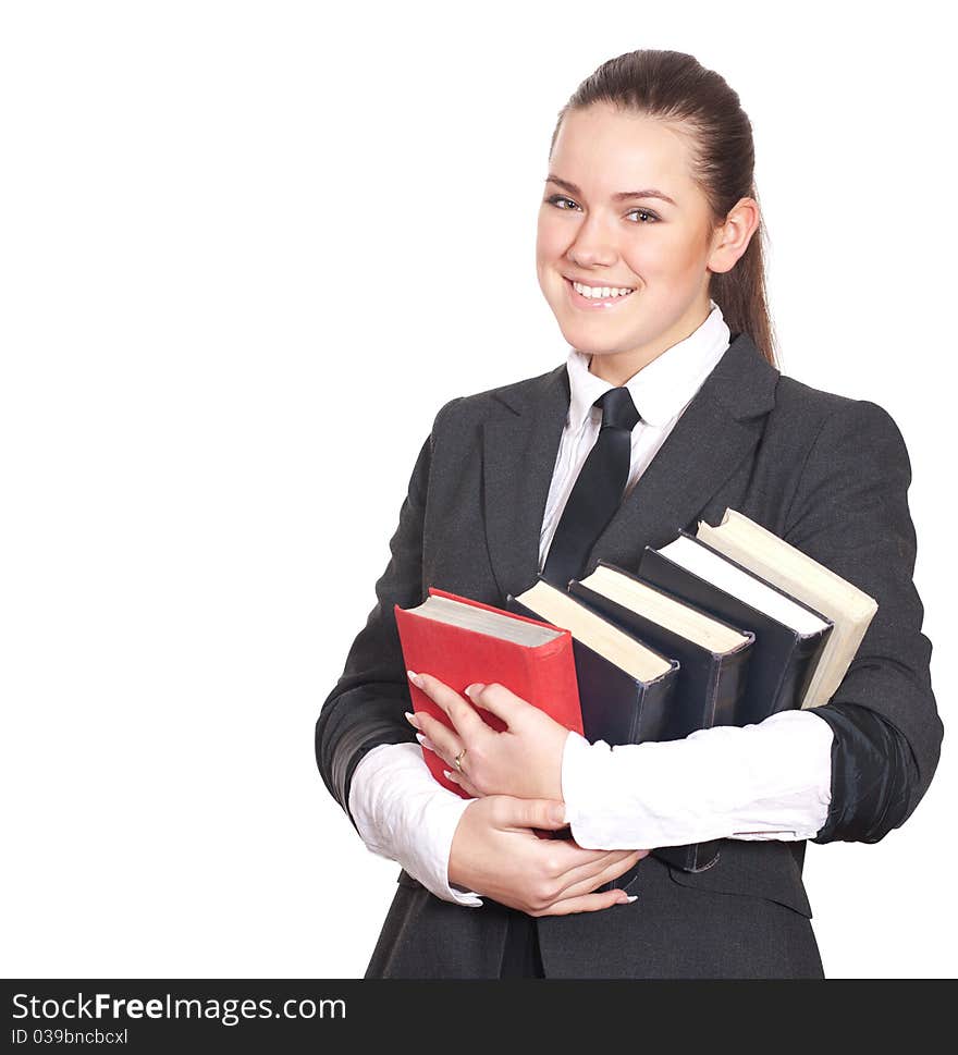 Smiling Girl With Books On White