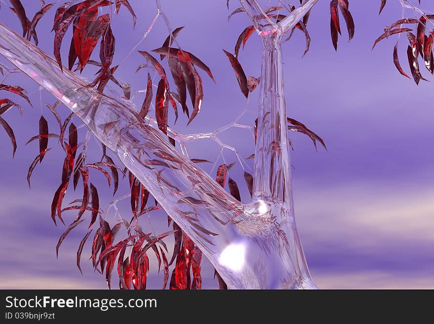 Glass tree with red leaves and blue overcast sky