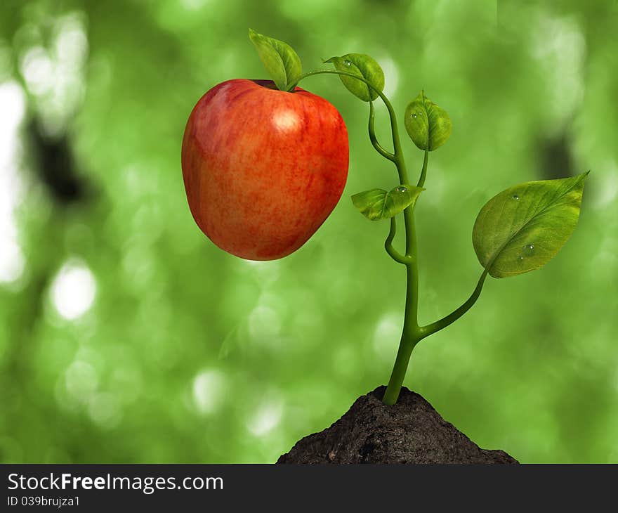 Very high resolution 3D rendering of a small plant an apple. Very high resolution 3D rendering of a small plant an apple.