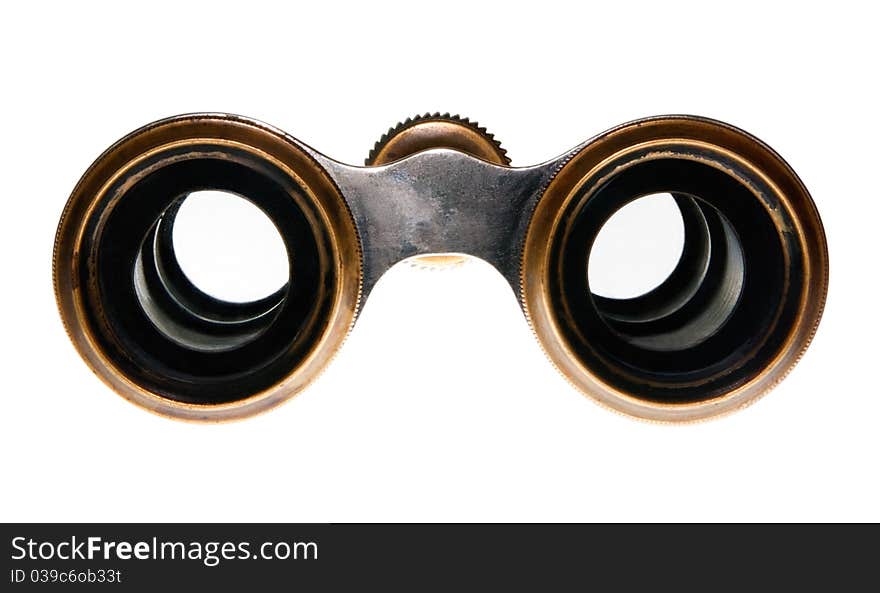 Front view of old opera glasses on a white background. Front view of old opera glasses on a white background