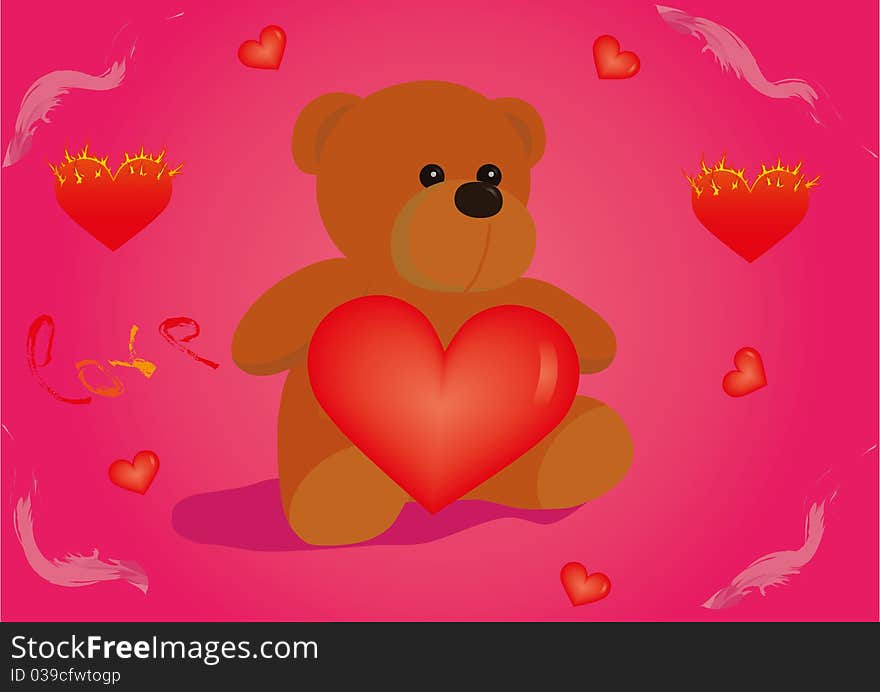 Teddy bear with heart. Red background