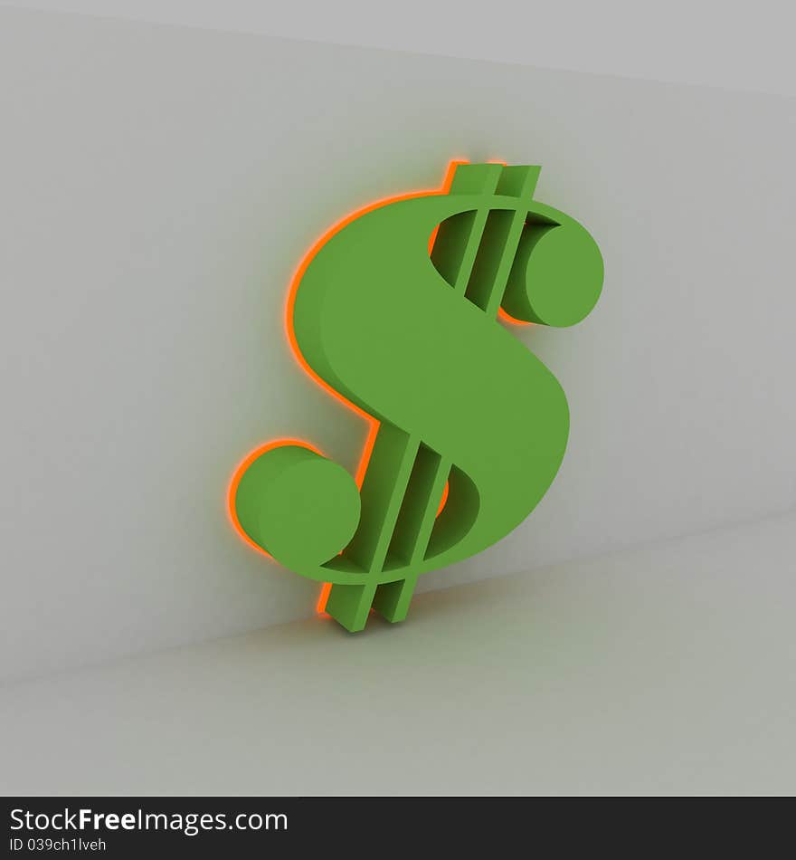 Sign designating the American currency with illumination. Sign designating the American currency with illumination