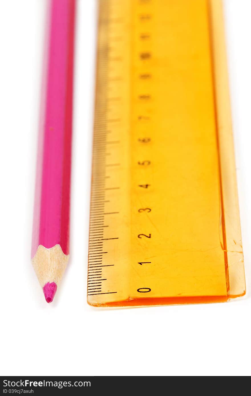 Red pencil and a yellow line isolated on a white background