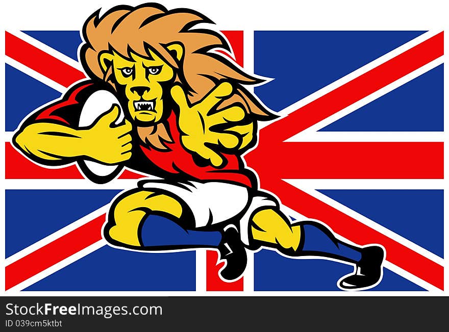 Illustration of a cartoon British Lion playing rugby running with ball fending off with Union Jack Flag isolated on white background