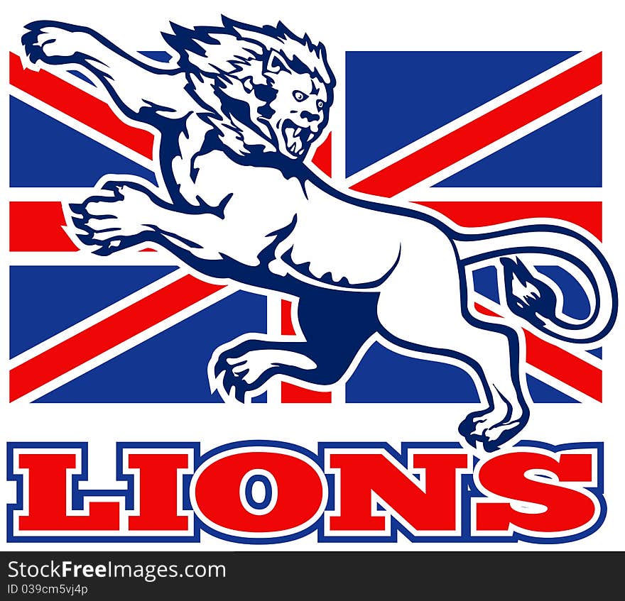 Illustration of a Lion attacking with British Great Britain union jack flag in background. Illustration of a Lion attacking with British Great Britain union jack flag in background