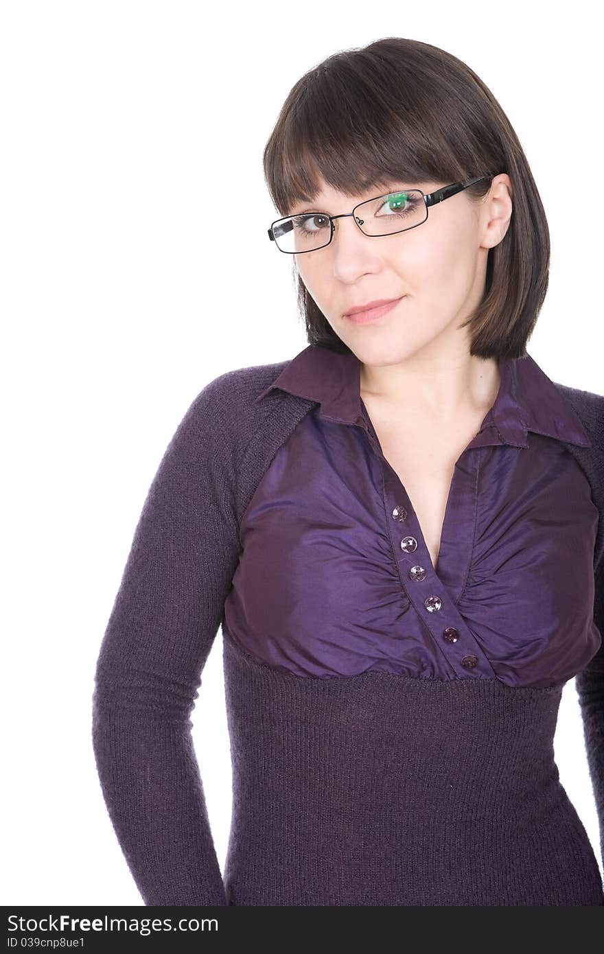 Young adult brunette woman with glasses over white background