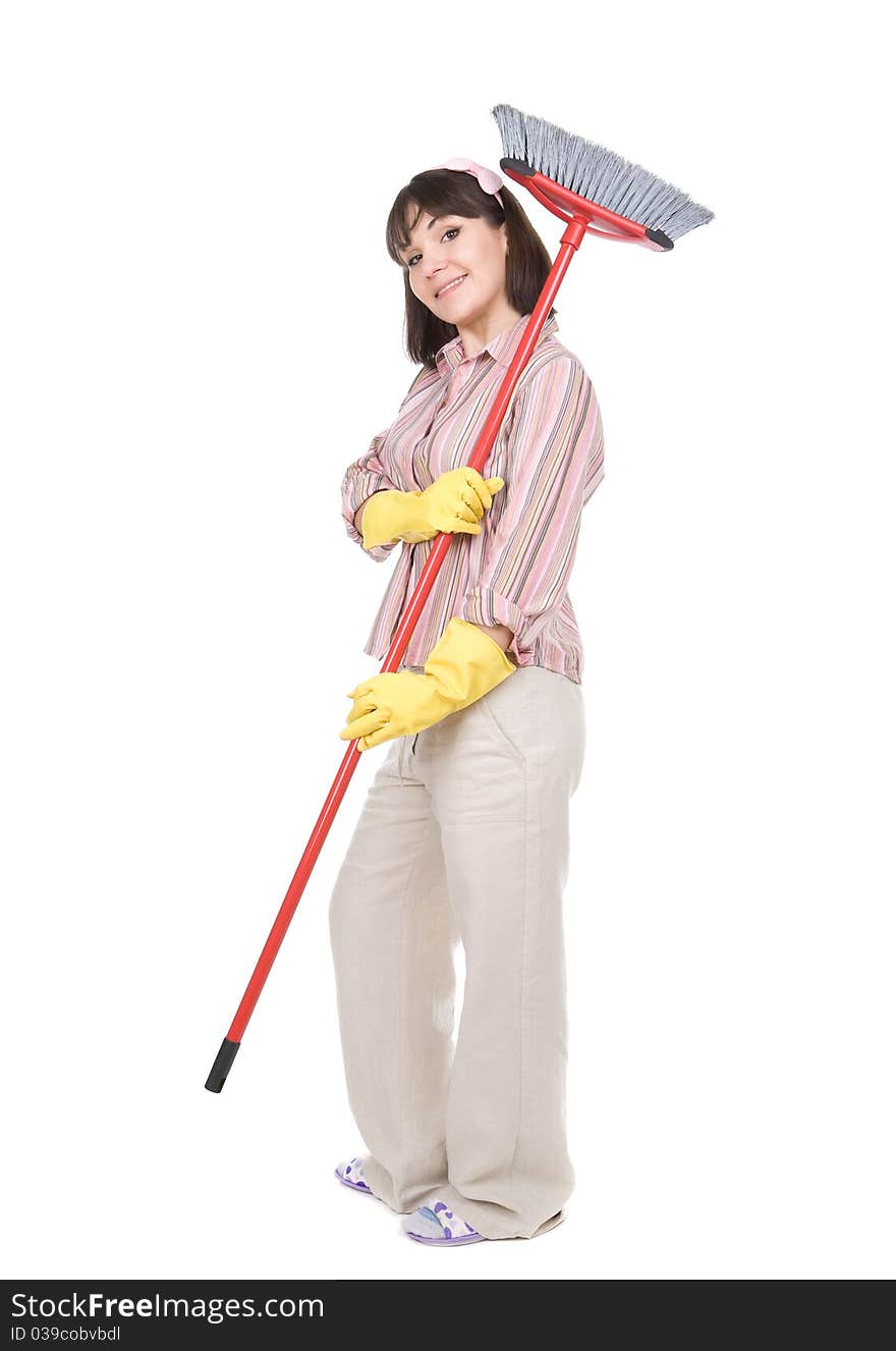 Young adult woman doing housework. over white background. Young adult woman doing housework. over white background