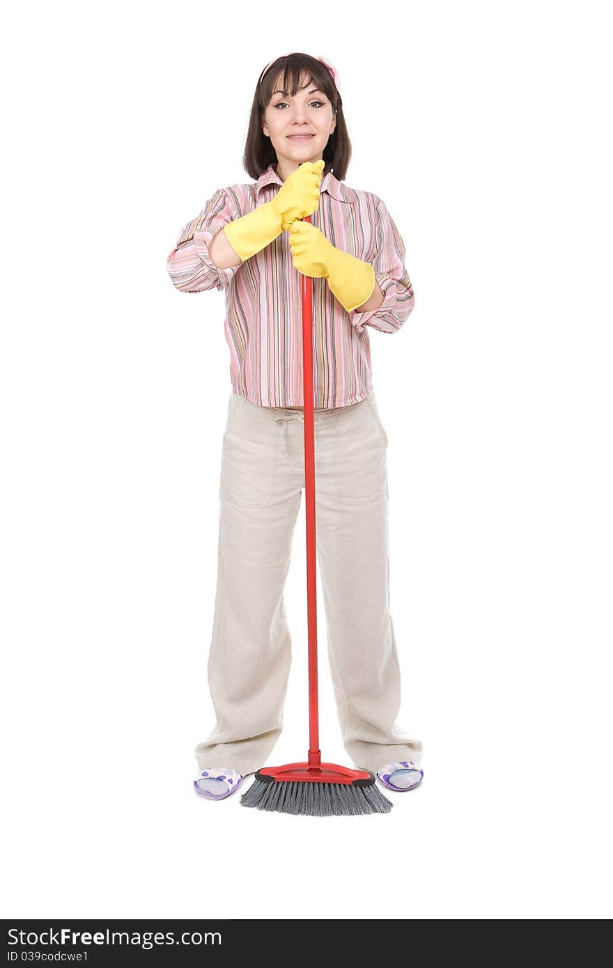 Young adult woman doing housework. over white background. Young adult woman doing housework. over white background