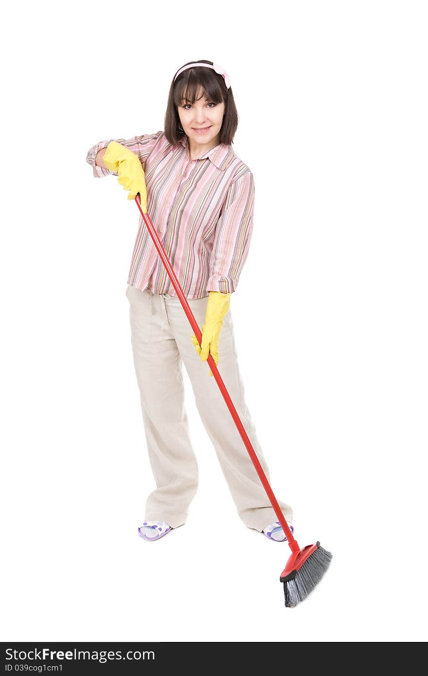 Young adult woman doing housework. over white background. Young adult woman doing housework. over white background