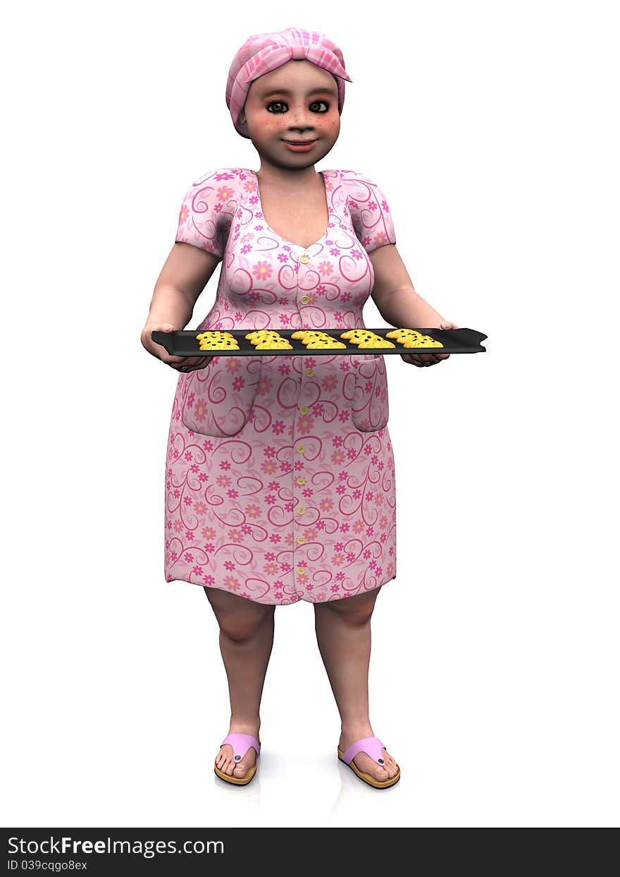 A chubby lady wearing a head scarf holding a baking tray full of cookies. White background. A chubby lady wearing a head scarf holding a baking tray full of cookies. White background.