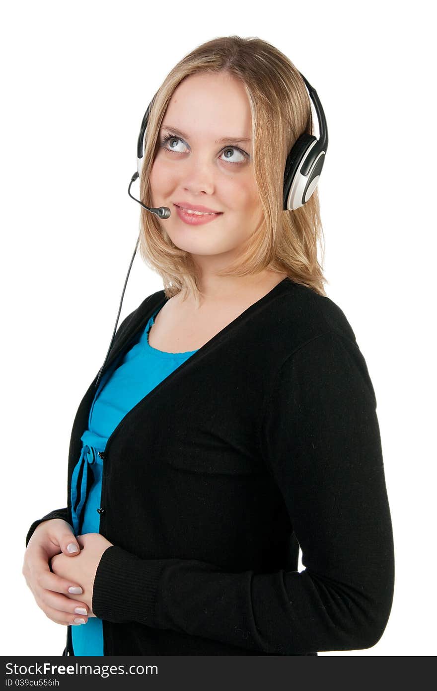 Thoughtful woman call with headset. Thoughtful woman call with headset