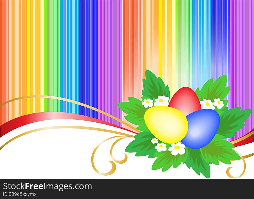 Three multi-colored Easter eggs in bright rainbow background. Three multi-colored Easter eggs in bright rainbow background