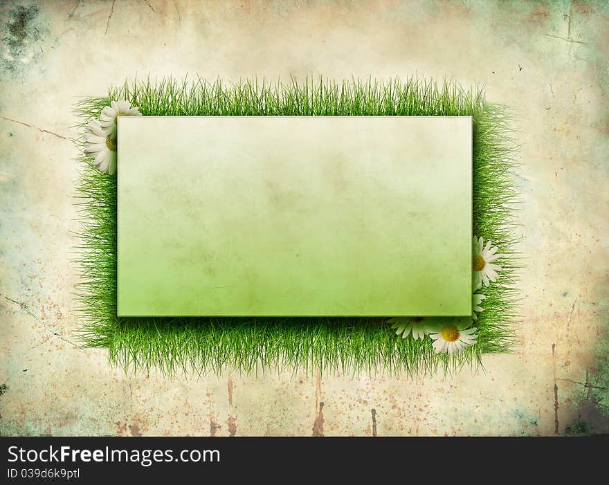 Background of grass and frame on grunge background