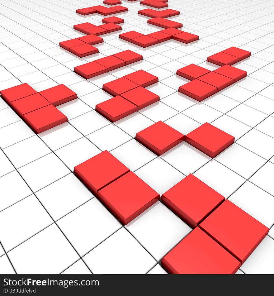 Red labyrinth path, consisting of scattered square plates