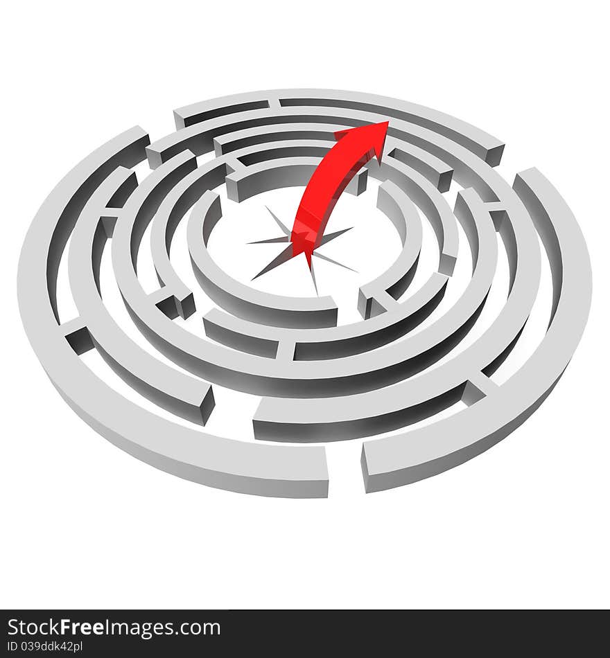 Circular maze in the center of the earth which goes red arrow. 3d computer modeling