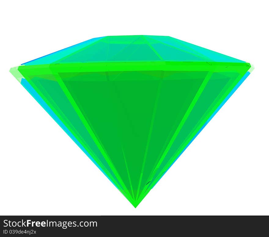 Bright green emerald with blue lighting isolated over white