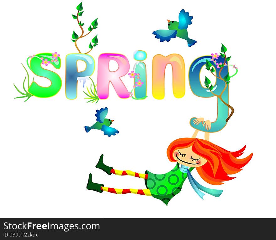 Vector illustration a funny women and text spring.