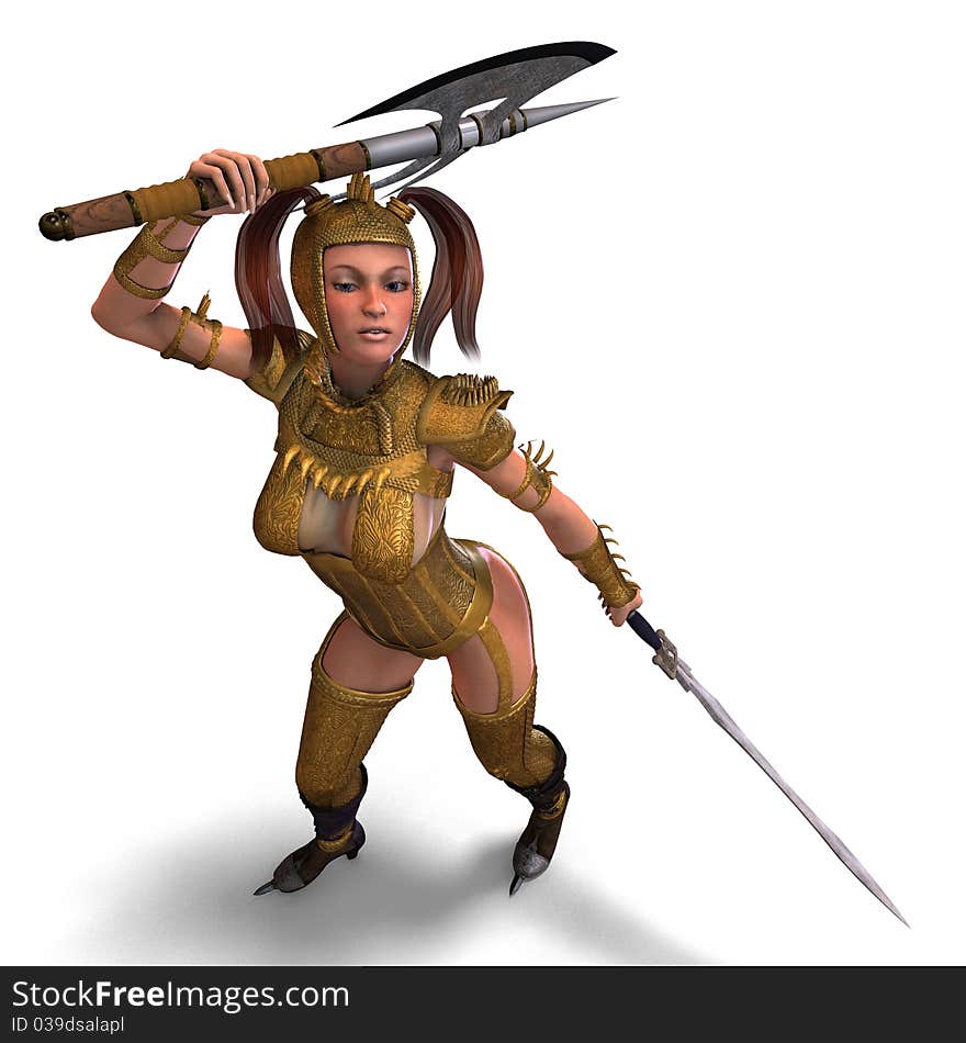 Attractive female knight act as a guard. 3D rendering with clipping path and shadow over white