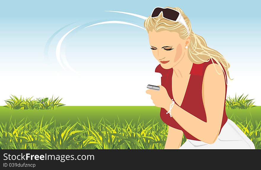 Beautiful woman with a mobile telephone. Spring composition. Illustration