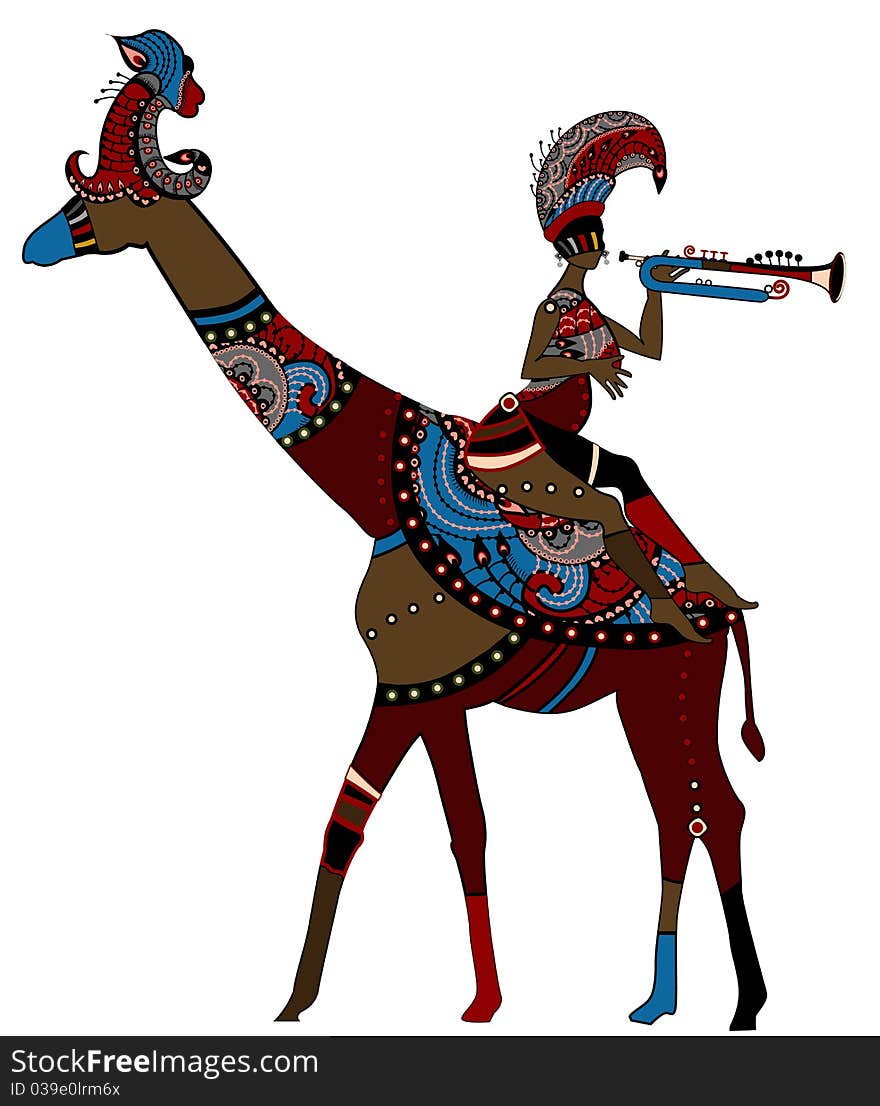 Woman in ethnic style sits on the back of a giraffe. Woman in ethnic style sits on the back of a giraffe