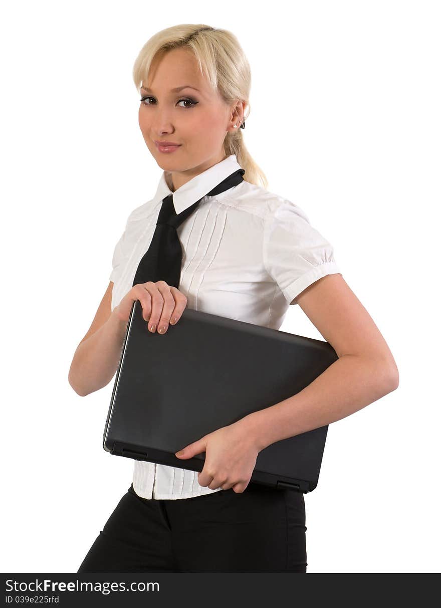 Smiling blond with laptop isolated on a white background. Smiling blond with laptop isolated on a white background.