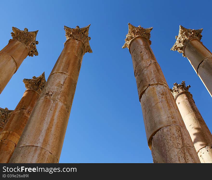 Columms in the Artemis Temple. Ruins of the Greco-Roman city of Gerasa. Ancient Jerash, in Jordan. Columms in the Artemis Temple. Ruins of the Greco-Roman city of Gerasa. Ancient Jerash, in Jordan.