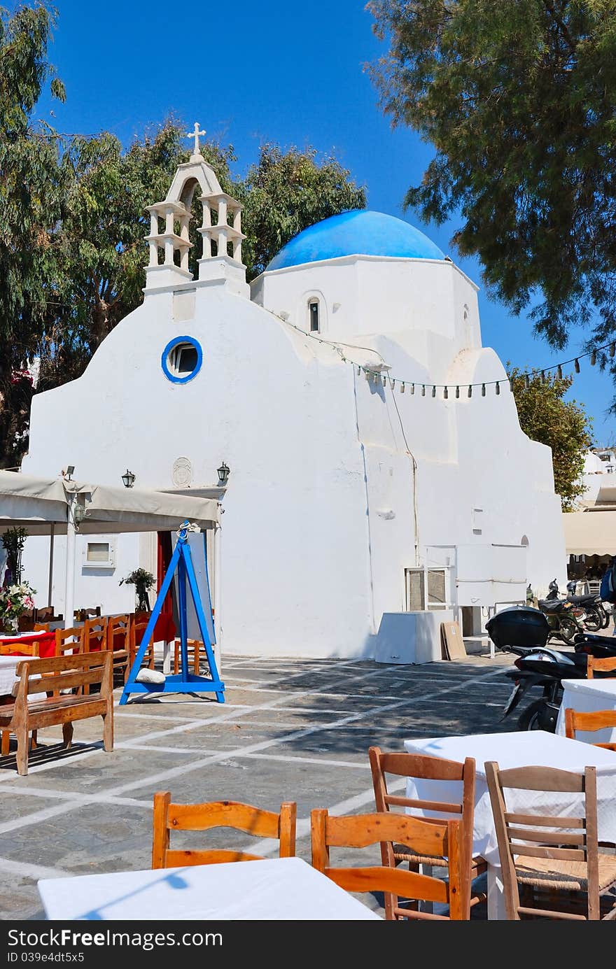 Mykonos blue church with blue sky