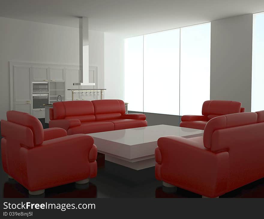 Interior of modern new large kitchen with red sofas, 3d render