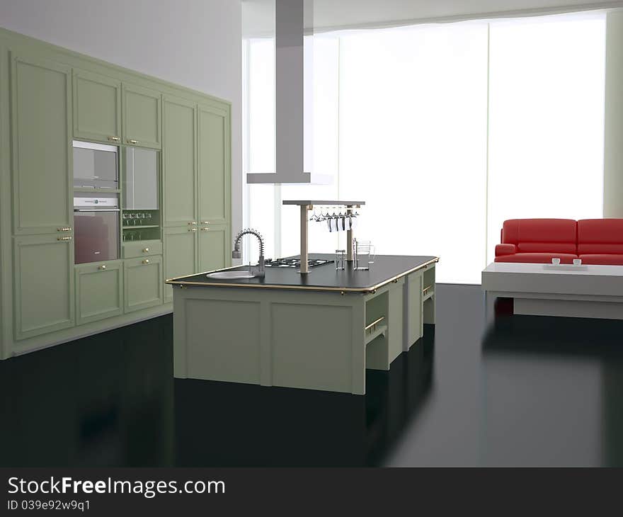 Interior of modern new large kitchen with red sofa, 3d render. Interior of modern new large kitchen with red sofa, 3d render