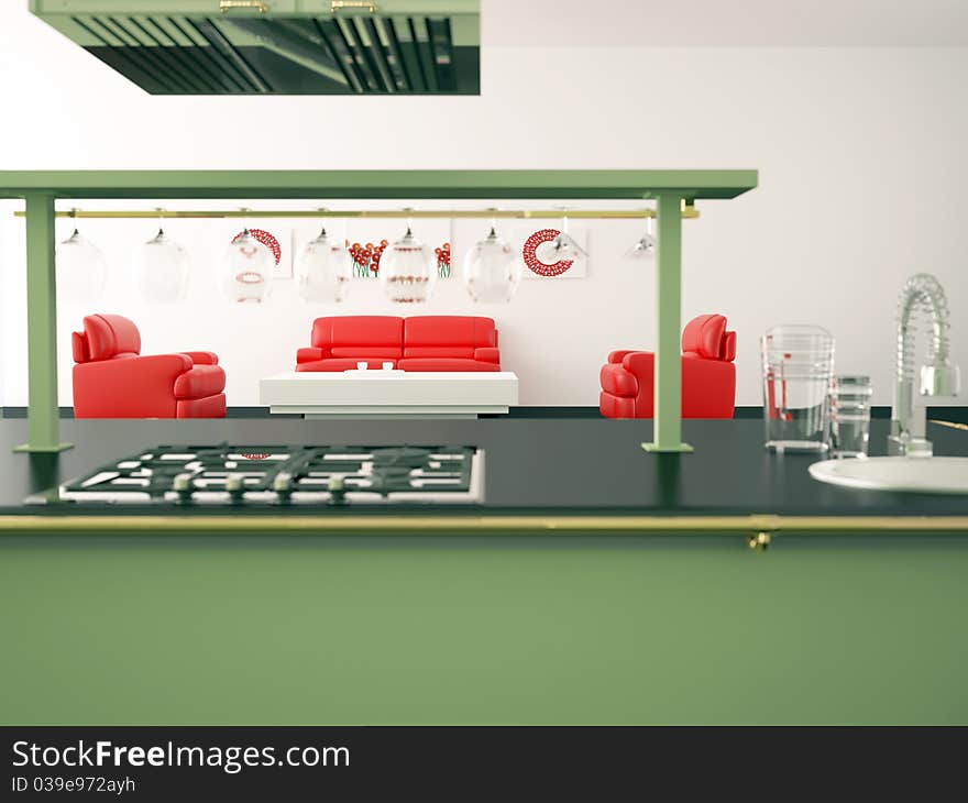 Interior of modern large kitchen with red sofas, 3d render