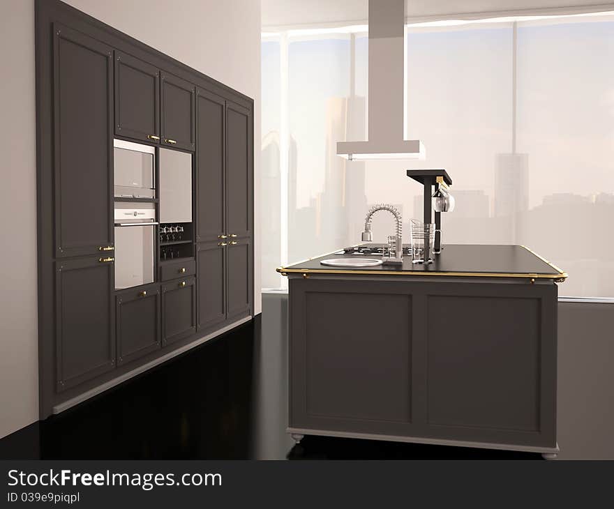 Interior of modern large black and white kitchen, 3d render. Interior of modern large black and white kitchen, 3d render