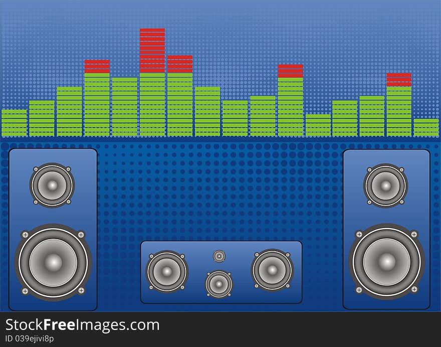 Banner as green sound level and speakers on blue background. Banner as green sound level and speakers on blue background