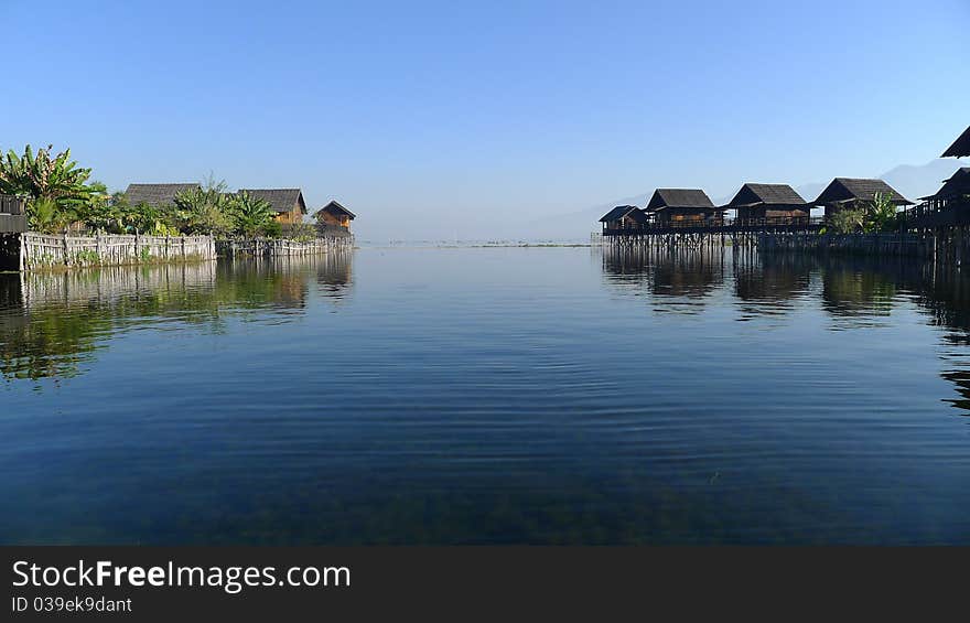 Landscape of wooden houses built in water in Myanmar. Landscape of wooden houses built in water in Myanmar