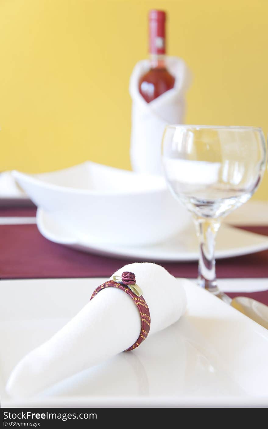 The served table with red wine at restaurant