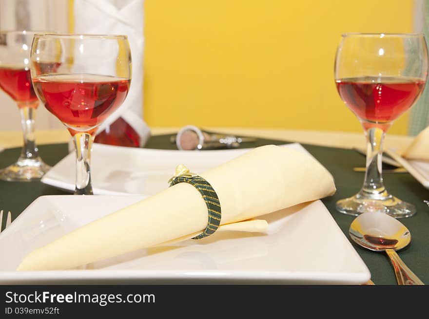 The served table with red wine at restaurant