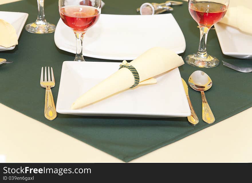 The served table with red wine at restaurant