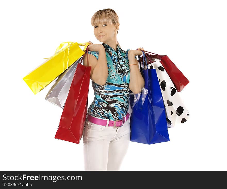 Portrait young adult girl with colored bags. Portrait young adult girl with colored bags