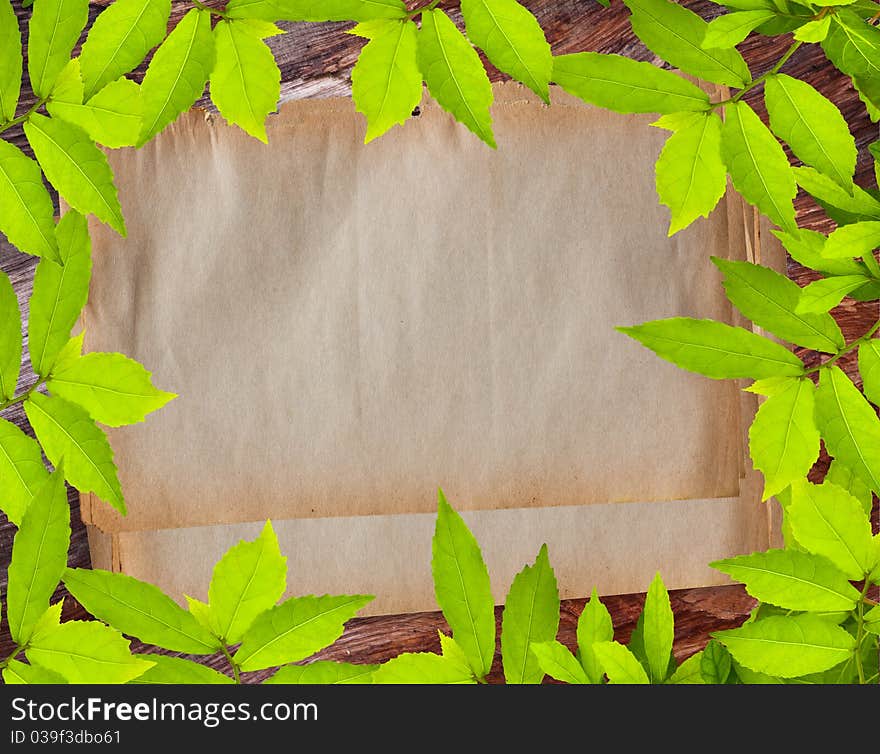 Vintage paper on Green leave frame, old wood background